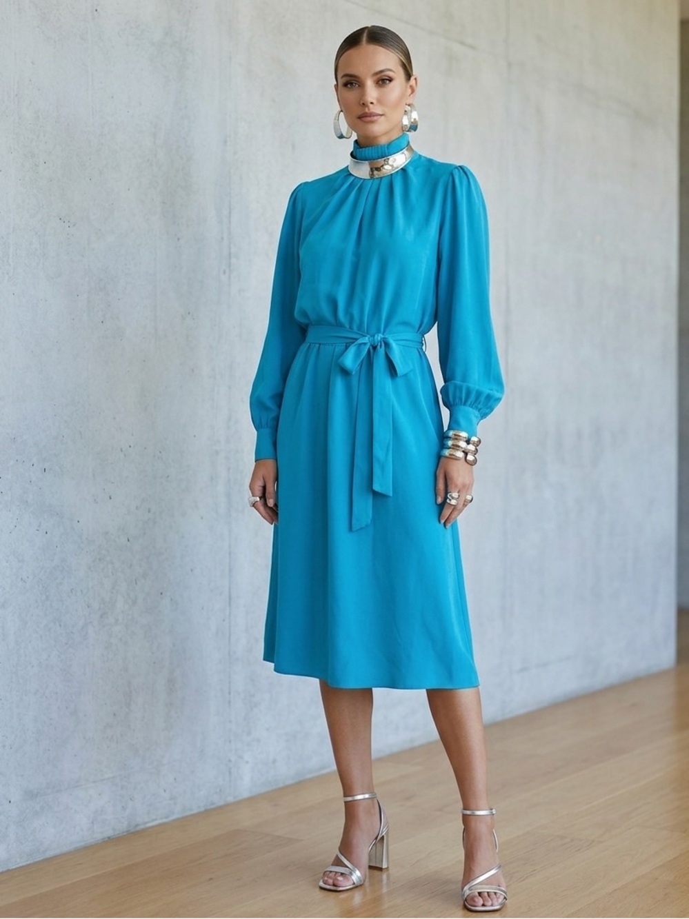 Vintage Ms. Chaus Turquoise Blue Midi Dress Mock Neck Long Sleeve Chiffon